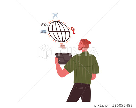 Buyer chooses method of delivery of goods. Mobile shopping, distance sales. Man selecting purchase in virtual mobile phone application. Shopping in online store, manager selects product on site 120055483