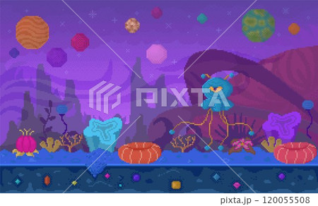 Strange creatures and plants in a colorful alien landscape. Planets and stars set against a surreal, vibrant sky. Ideal for fantasy, science fiction, gaming, childrens illustrations, and Strange creatures and plants in a colorful alien landscape. Planets and stars set against a surreal, vibrant sky. Ideal for fantasy, science fiction, gaming, childrens illustrations, and 120055508