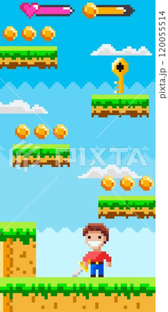 A classic pixel art scene presents a young character in a vibrant platform game setting. Ideal for retro game design, childhood nostalgia, animated themes, gaming graphics, and educational visuals A classic pixel art scene presents a young character in a vibrant platform game setting. Ideal for retro game design, childhood nostalgia, animated themes, gaming graphics, and educational visuals 120055514