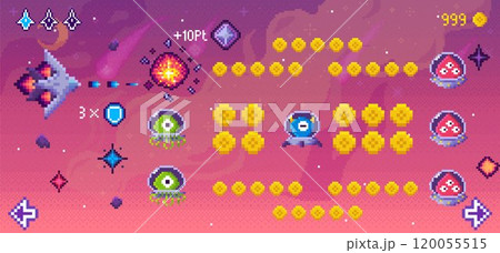 A spaceship firing at alien creatures with pixel graphics. Alien and coin sprites fill a vibrant setting with cosmic objects and score indicators. Ideal for retro games, alien invasion, space A spaceship firing at alien creatures with pixel graphics. Alien and coin sprites fill a vibrant setting with cosmic objects and score indicators. Ideal for retro games, alien invasion, space 120055515