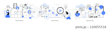 Logistics optimization, inventory management, demand forecasting. Data analysis, logistics management. Ideal for logistics coordination, data analysis, process optimization, business strategy. Cartoon Logistics optimization, inventory management, demand forecasting. Data analysis, logistics management. Ideal for logistics coordination, data analysis, process optimization, business strategy. Cartoon 120055516