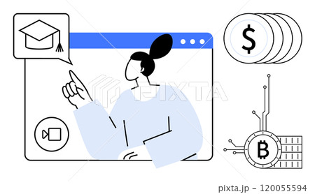 A person points to a graduation cap icon on a web interface, highlighting online education. Adjacent symbols of dollar and Bitcoin suggest financial learning. Ideal for e-learning, finance education A person points to a graduation cap icon on a web interface, highlighting online education. Adjacent symbols of dollar and Bitcoin suggest financial learning. Ideal for e-learning, finance education 120055594