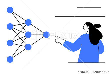 A person pointing to a neural network diagram. Ideal for educational material, AI presentations, data science courses, tech blogs, and machine learning tutorials. Minimalist and modern style A person pointing to a neural network diagram. Ideal for educational material, AI presentations, data science courses, tech blogs, and machine learning tutorials. Minimalist and modern style 120055597