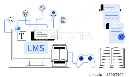 Computer monitor showing LMS beside smartphone with a book. Icons for search, settings, certification, document, and analytics. Also includes checklist, video game controller, and open book. Ideal Computer monitor showing LMS beside smartphone with a book. Icons for search, settings, certification, document, and analytics. Also includes checklist, video game controller, and open book. Ideal 120055604