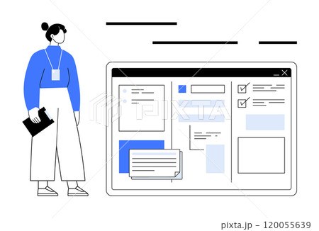 Woman stands with a tablet near a large screen displaying data charts. Ideal for technology, business presentations, data analysis, digital tools, modern workplace. Clean, minimalist, contemporary Woman stands with a tablet near a large screen displaying data charts. Ideal for technology, business presentations, data analysis, digital tools, modern workplace. Clean, minimalist, contemporary 120055639