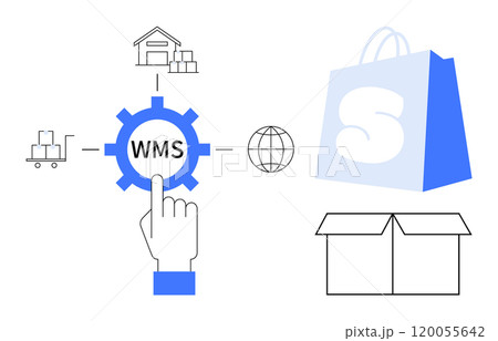 Warehouse, shipping cart, globe, finger pressing WMS gear, shopping bag, closed box Ideal for warehouse management, e-commerce, logistics, shipping, inventory control. Simple flat design 120055642