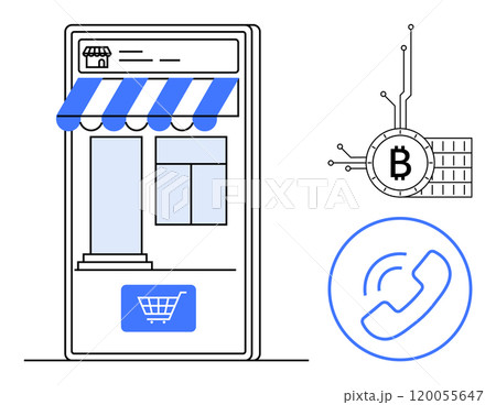 Smartphone display with storefront awning, shopping cart icon, cryptocurrency symbol, and phone icon. Ideal for online shopping, e-commerce, cryptocurrency, digital transactions, and communication 120055647