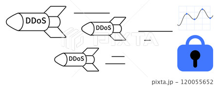 Missiles labeled DDoS are aimed at a blue lock with a graph. Ideal for illustrating cyberattacks security data protection online threats network vulnerabilities. Black white blue colours. Cartoon 120055652