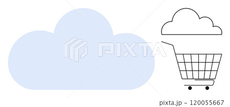 Large blue cloud next to an outlined cloud on shopping cart emphasizing digital storage and internet commerce. Ideal for tech, cloud services, e-commerce, online shopping, digital transformation 120055667