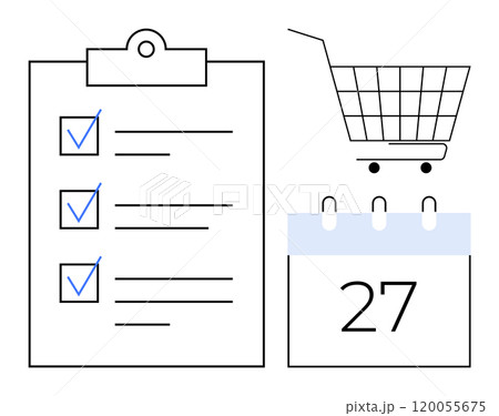 A clipboard with a checklist marked with blue check marks next to a shopping cart and a calendar page showing the 27th. Ideal for task management, productivity, scheduling, planning, and shopping 120055675