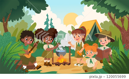 Travel kids with backpacks. Camping adventure. Children in forest. Child outdoor recreation. Boy and girl scout. Hiking journey. Tent and bonfire. Young tourists cooking at campfire. Vector background 120055699