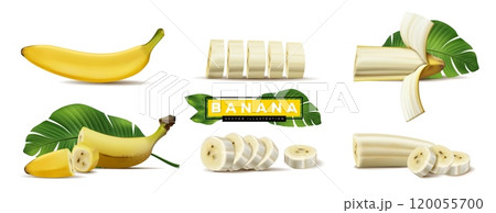 Banana 3D. Realistic whole and half, slice with peel. Tropical fruit flesh food vitamin, ripe and healthy yellow summer natural dessert, snack or vegetarian products. Vector exotic fruit fetus set 120055700