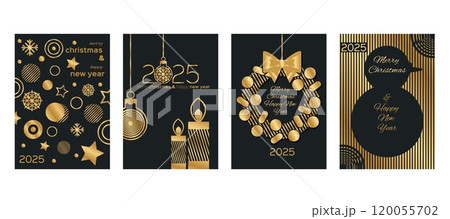 Christmas gold card. Happy 2025 New Year congratulation. Foil wreath. Golden shape. Luxury circle. Xmas celebration party. Tree round toy. Silhouette snowman. Design template. Vector black banners set 120055702