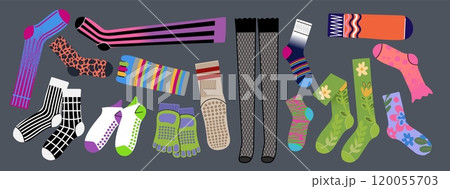 Socks pattern. Fashion winter fabric. Sock design wool. Hosiery shape. Textile cotton. Ankle socking. Geometric or floral print. Nylon tights. Foot garments. Warm accessories. Vector funny clothes set 120055703