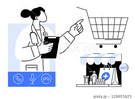 A doctor conversing online with a clipboard, a shopping cart, and a 24/7 pharmacy with medical supplies. Ideal for healthcare, telemedicine, online shopping, pharmacy services, and digital health 120055825