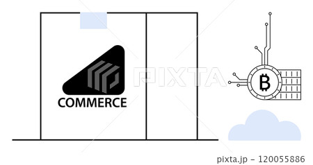 Minimalist style showing a storefront labeled commerce beside a digital Bitcoin symbol connected to blockchain technology. Ideal for e-commerce cryptocurrency digital payments blockchain technology Minimalist style showing a storefront labeled commerce beside a digital Bitcoin symbol connected to blockchain technology. Ideal for e-commerce cryptocurrency digital payments blockchain technology 120055886