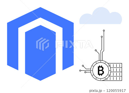Blue hexagon shape next to a digital bitcoin coin with circuit lines and a cloud. Ideal for cryptocurrency, technology, finance, digital transactions, cloud computing. Modern sleek style Blue hexagon shape next to a digital bitcoin coin with circuit lines and a cloud. Ideal for cryptocurrency, technology, finance, digital transactions, cloud computing. Modern sleek style 120055917