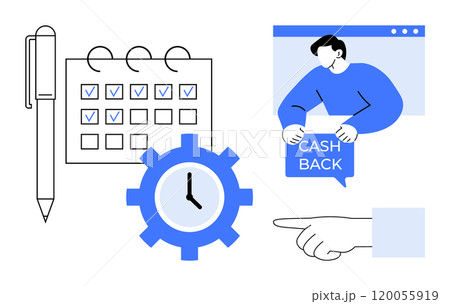 Pen, calendar, clock gear, and person with cash back sign. Ideal for productivity, financial planning, time management, business strategy, and efficiency. Clean, modern style Pen, calendar, clock gear, and person with cash back sign. Ideal for productivity, financial planning, time management, business strategy, and efficiency. Clean, modern style 120055919
