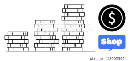 Shop concept with stacks of coins, a dollar symbol, and a Shop text bubble in a clean, minimalist style. Ideal for business finance, e-commerce, online shopping, profit growth, and investment themes Shop concept with stacks of coins, a dollar symbol, and a Shop text bubble in a clean, minimalist style. Ideal for business finance, e-commerce, online shopping, profit growth, and investment themes 120055924