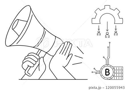 Simplified megaphone with hands, blog symbol, team arrows, and cogwheel. Ideal for digital marketing, teamwork, cryptocurrency, communication strategy, and business processes. Minimal line style 120055943