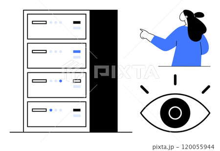 A person pointing towards server racks while an eye symbol represents surveillance and data monitoring. Ideal for data storage, security, technology, IT infrastructure, and surveillance themes 120055944