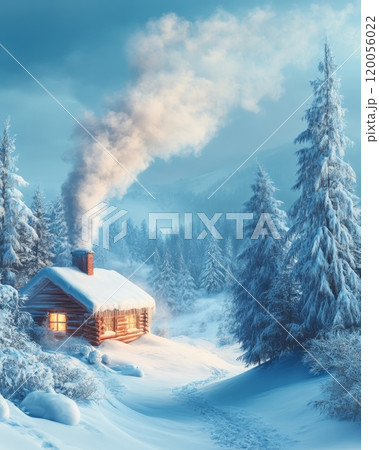 Lonely cozy wooden cabin house with roof covered with snow, white smoke from chimney house in fabulous, snowy, beautiful pine forest Lonely cozy wooden cabin house with roof covered with snow, white smoke from chimney house in fabulous, snowy, beautiful pine forest 120056022