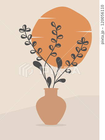 Vases with branches of plants on the background of the sun. A template for posters, prints, interior design and creative ideas Vases with branches of plants on the background of the sun. A template for posters, prints, interior design and creative ideas 120056110