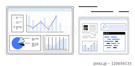 Data dashboard with different charts including bar graph, line graph, and pie chart. Idel for business analytics, data visualization, performance tracking, and reporting. Modern minimal style Data dashboard with different charts including bar graph, line graph, and pie chart. Idel for business analytics, data visualization, performance tracking, and reporting. Modern minimal style 120056133