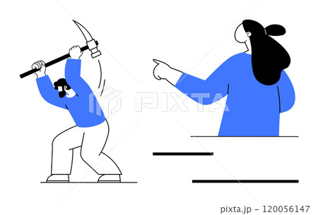 Person in blue clothes holding a pickaxe and another person pointing to the right. Ideal for teamwork, leadership, productivity, guidance, and collaboration themes. Simple two-toned minimalist style Person in blue clothes holding a pickaxe and another person pointing to the right. Ideal for teamwork, leadership, productivity, guidance, and collaboration themes. Simple two-toned minimalist style 120056147