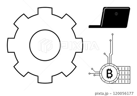 A large gear, an open laptop, and a Bitcoin symbol connected to circuitry are visible. Ideal for technology, cryptocurrency, blockchain, digital transactions, software engineering. Minimalist line 120056177