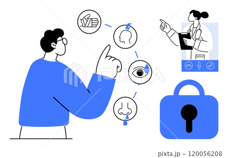 A person interacts with icons representing various senses. A healthcare professional provides guidance while a lock signifies data security. Ideal for telehealth, sensory care, medical consulting 120056208