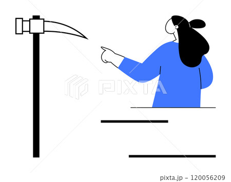 Person with long hair wearing blue, pointing towards a scythe. Ideal for themes of agriculture, tools, farming, minimalism, education. Simplistic vector style with blue and black colours 120056209