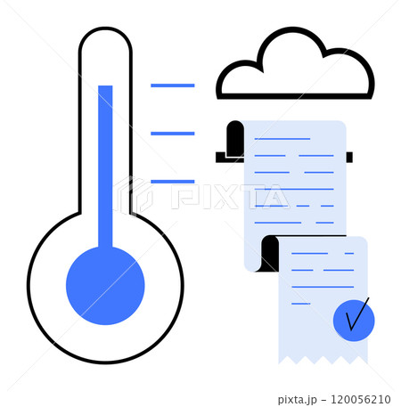 A thermometer next to a cloud-connected receipt printout. Ideal for weather tracking, digital transformation, cloud computing, temperature monitoring, and data recording themes. Simple, modern 120056210