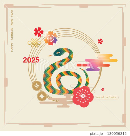 Chinese New Year 2025 Year of the Snake. Snake with bright scales, traditional elements. Geometric modern style. Translation from Chinese - Happy New Year. Vector Chinese New Year 2025 Year of the Snake. Snake with bright scales, traditional elements. Geometric modern style. Translation from Chinese - Happy New Year. Vector 120056213