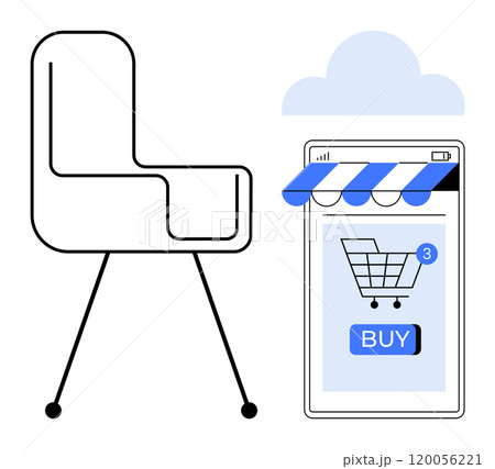 Simple line art of a chair next to a mobile phone displaying a shopping app with a cart icon and buy button. Ideal for online shopping, e-commerce, technology, mobile apps, and furniture Simple line art of a chair next to a mobile phone displaying a shopping app with a cart icon and buy button. Ideal for online shopping, e-commerce, technology, mobile apps, and furniture 120056221