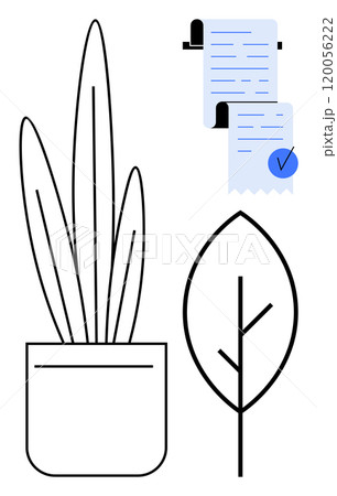 A minimalist drawing features a potted plant and a large leaf. Nearby, two document receipts, one marked with a blue check. Ideal for nature, organization, minimalism, office settings, eco-conscious 120056222