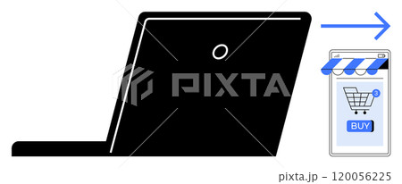 Laptop with an arrow pointing towards a mobile phone with a shopping cart icon. Ideal for e-commerce, online shopping, digital transition, technology use, mobile commerce. Modern flat style design Laptop with an arrow pointing towards a mobile phone with a shopping cart icon. Ideal for e-commerce, online shopping, digital transition, technology use, mobile commerce. Modern flat style design 120056225