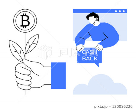 A hand holds a plant with a Bitcoin symbol, while a second person emerges from a screen with a cashback sign. Ideal for cryptocurrency, fintech, online rewards, digital transactions, economic growth 120056226