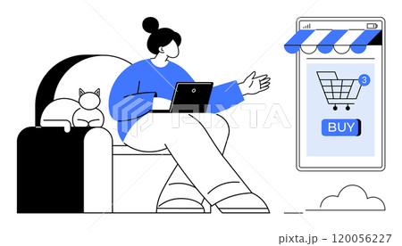 Woman sitting on couch with laptop, cat beside her, and large e-commerce storefront with a shopping cart and buy button icon on screen. Ideal for online shopping, e-commerce, technology, lifestyle Woman sitting on couch with laptop, cat beside her, and large e-commerce storefront with a shopping cart and buy button icon on screen. Ideal for online shopping, e-commerce, technology, lifestyle 120056227