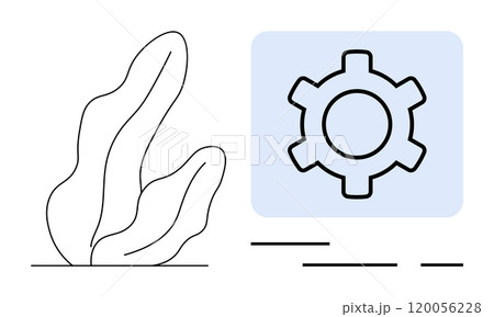 Gear icon next to seaweed outline with light blue background. Ideal for technology, nature integration, eco-friendly developments, innovation, bioengineering. Minimalist, simple, modern style 120056228
