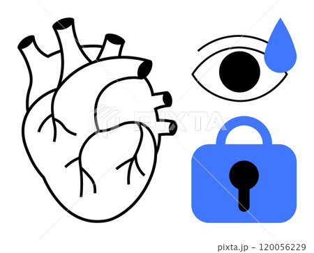 Anatomical heart on the left, tearful eye above a lock on the right. Ideal for emotions, protection, love, sadness, health 120056229
