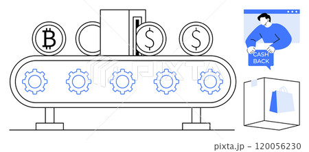 Conveyor belt with Bitcoin and Dollar coins, gears for processing. A person holding a cashback offer in a browser window. Ideal for e-commerce, financial technology, cryptocurrency, online shopping 120056230