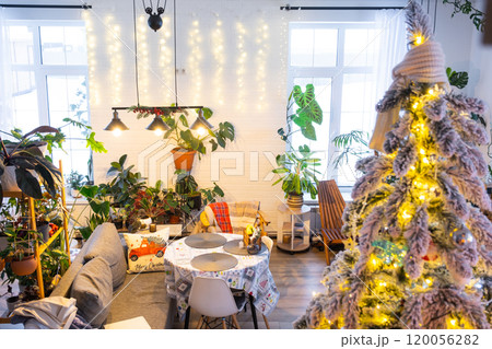 Festive Christmas decor in living room in a green house in the loft style with a retro wooden lampshade with a snowy Christmas tree and fairy lights. New Year, Christmas mood, cozy home. Festive Christmas decor in living room in a green house in the loft style with a retro wooden lampshade with a snowy Christmas tree and fairy lights. New Year, Christmas mood, cozy home. 120056282