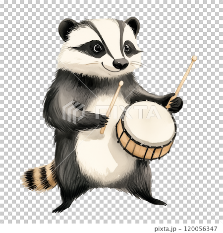 Adorable badger illustration in watercolor style, isolated on a transparent background. The badger is playing a drum, adding a fun and musical element for children's designs and creative projects. 120056347
