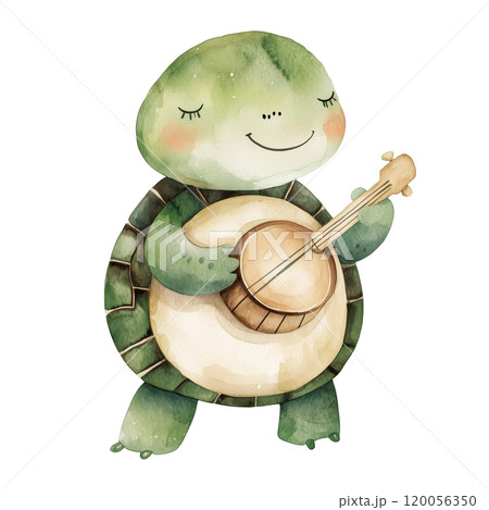 Adorable turtle illustration in watercolor style, isolated on a transparent background. The turtle is playing a ukulele with a joyful expression, perfect for playful designs and children's themesю 120056350
