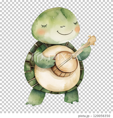 Adorable turtle illustration in watercolor style, isolated on a transparent background. The turtle is playing a ukulele with a joyful expression, perfect for playful designs and children's themesю 120056350