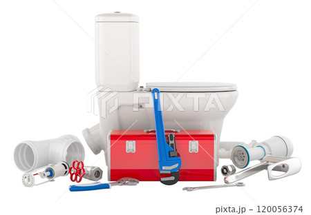 Plumbing repair service, concept. Toilet bowl with construction tools. 3D rendering Plumbing repair service, concept. Toilet bowl with construction tools. 3D rendering 120056374