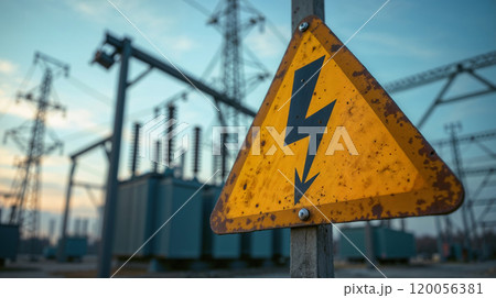 Lightning Warning Sign with Power Lines Lightning Warning Sign with Power Lines 120056381