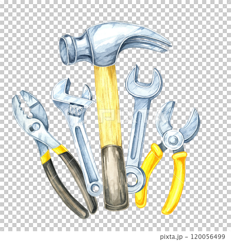 A hammer with a wooden handle, silver wrenches, and pliers. Hand-painted watercolor illustration. Perfect for home improvement catalogs, DIY project designs, and construction branding 120056499