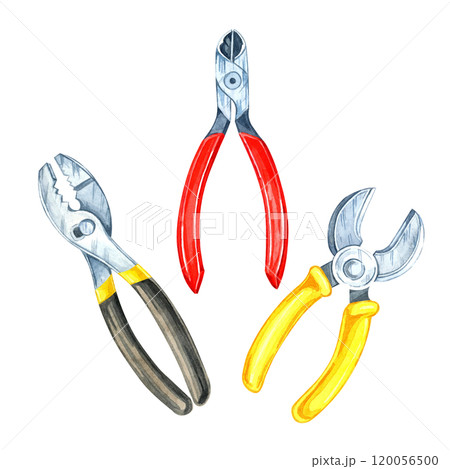 Red-handled pliers, silver and yellow-handled pliers, and a wrench. Hand-painted watercolor clipart. Great for tool kit packaging, repair service ads, or crafting and DIY-themed designs Red-handled pliers, silver and yellow-handled pliers, and a wrench. Hand-painted watercolor clipart. Great for tool kit packaging, repair service ads, or crafting and DIY-themed designs 120056500